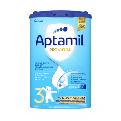 Otkrijte Aptamil® PRONUTRA® 3 800 g, prah za pripremnu mlečnog napitka za malu decu od 12-24 meseca obogaćen vitaminima, mineralima i vlaknima.