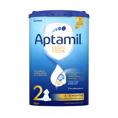 Aptamil® 2 CESAR BIOTIK 800 g je prelazno mleko za odojčad od 6-12 meseci, takođe pogodno za bebe rođene carskim rezom.